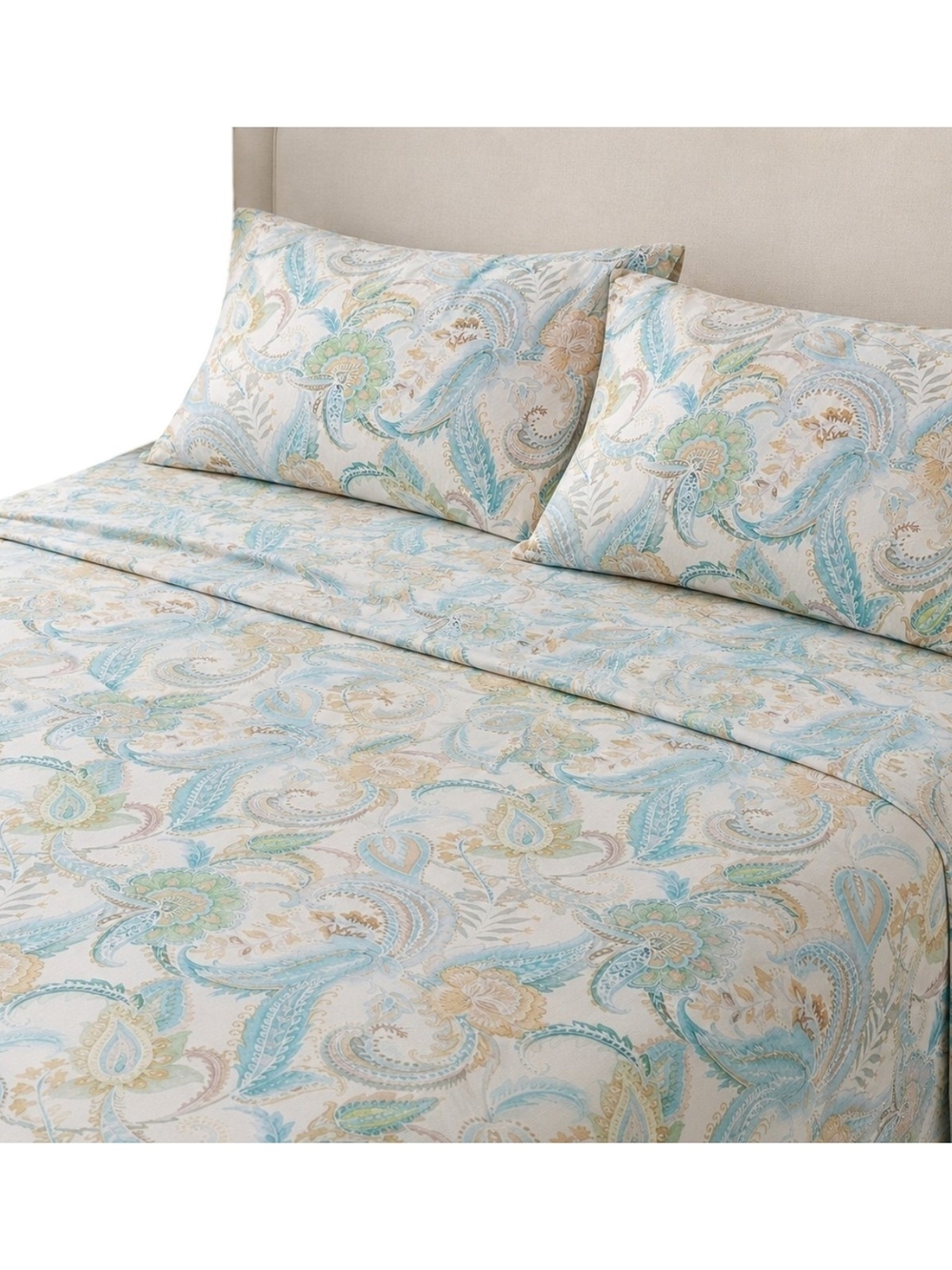 Soft Surroundings 4Pc Queen Bamboo Sheet Set Aqua Paisley Cooling Luxury Bedding